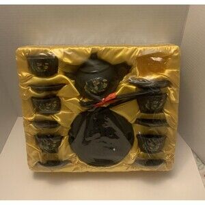 Japanese Dark Ceramic Raku Teacups and Saucers w Dragon Transferware Tea Set.